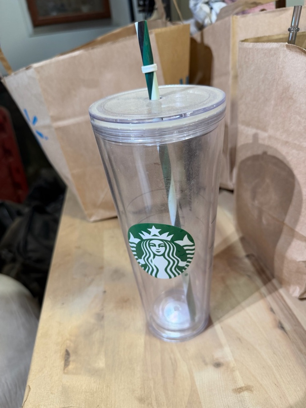 Starbucks Clear Tumbler with Green Logo and Striped Green Straw